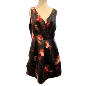 Cynthia Steffe Size 10 Black Floral Satin Fit & Flare Dress